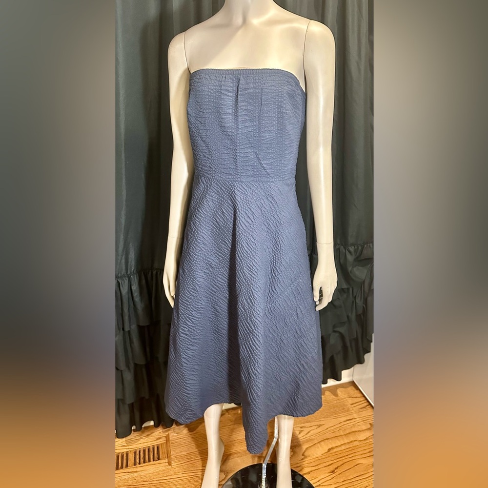 J Crew Strapless Navy Cotton Quilted Pleated Fit Flare Skater Dress Size 4